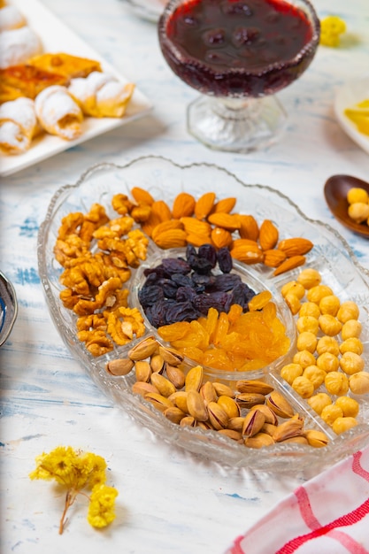 Service à thé avec des variétés de noix traditionnelles, citron, confiture et bonbons servis sur une nappe blanche