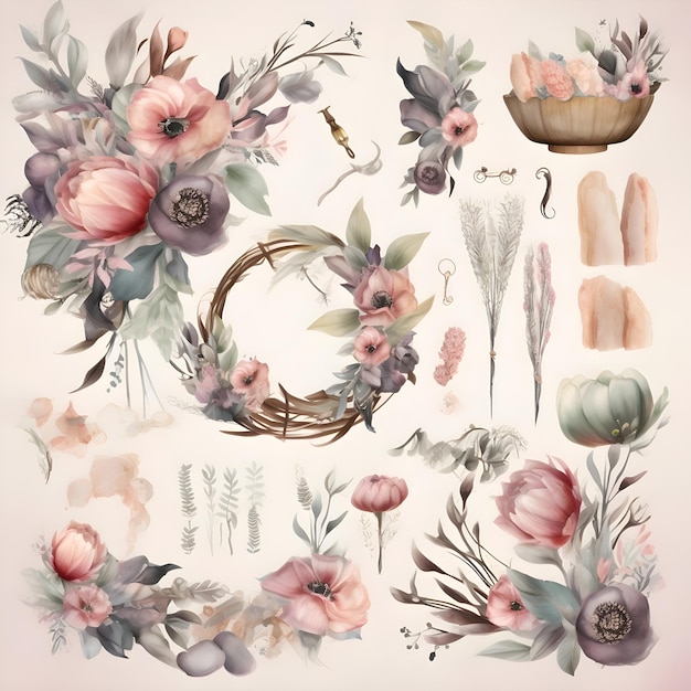 Set de fleurs à l'aquarelle dessinées à la main feuilles et branches illustration vectorielle