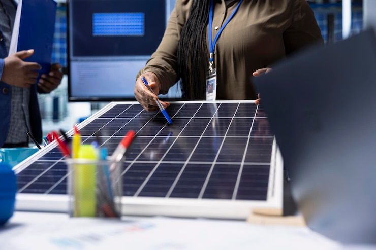 Photo gratuit shareholders meet with industrial plant manager to review solar panel components