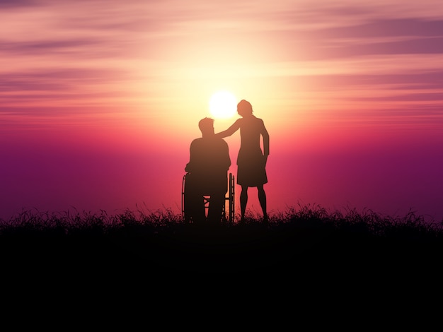 Silhouette 3D d&#39;un homme en fauteuil roulant avec une femme contre un paysage coucher de soleil