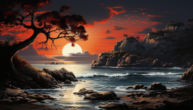 Photo gratuite silhouette d'un arbre sur une falaise reflétant le clair de lune sur les eaux tranquilles générées par l'intelligence artificielle