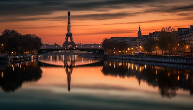 Photo gratuite silhouette au coucher du soleil du célèbre pont et des gratte-ciel générés par l'ia