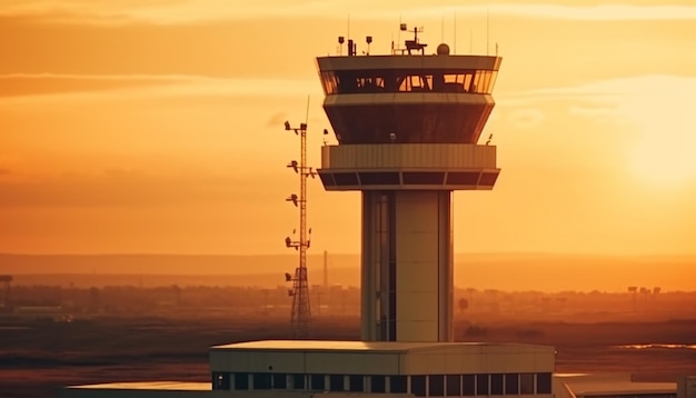 Silhouette d'avion dans un ciel orange au coucher du soleil généré par l'IA