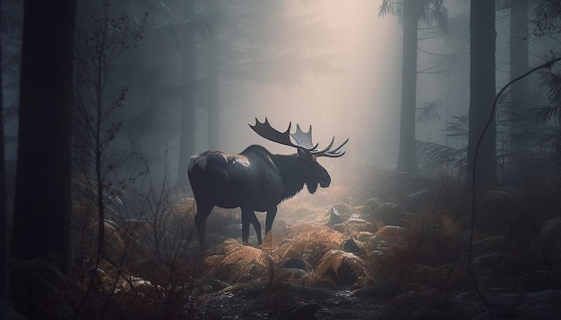 Photo gratuite silhouette de cerf à cornes dans une forêt d'automne effrayante générée par l'ia