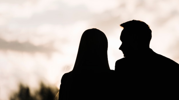 Silhouette, couple, ciel, soir