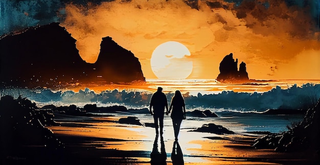 Silhouette de couple debout regardant le coucher du soleil tranquille IA générative