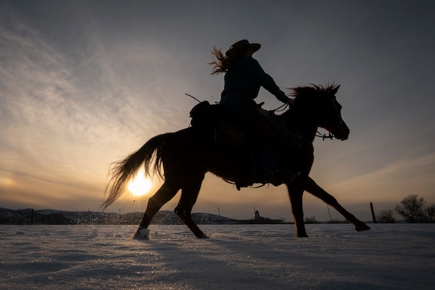 Silhouette de cow-girl sur un cheval