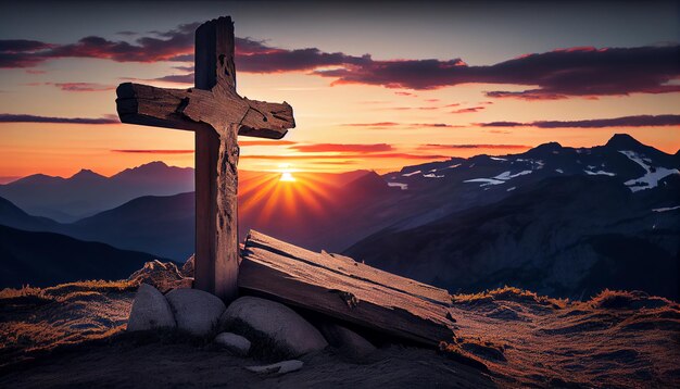 Silhouette de croix de montagne contre le ciel majestueux du coucher du soleil AI générative