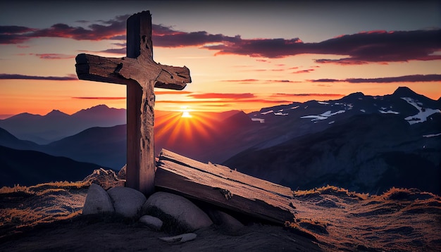 Silhouette de croix de montagne contre le ciel majestueux du coucher du soleil AI générative
