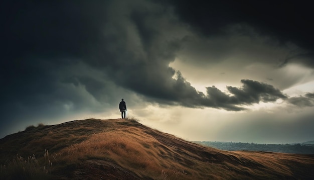 Photo gratuite la silhouette debout conquiert le ciel dramatique du sommet de la montagne généré par l'ia