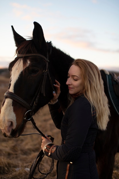 Silhouette élégante de cheval contre le ciel d'aube