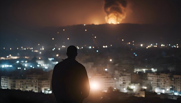 Silhouette d'un homme sur le fond d'une ville la nuit