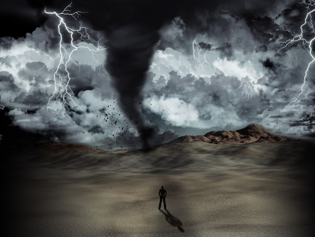 Silhouette d&#39;un homme se tenait dans le désert au milieu d&#39;une tempête avec une tornade et la foudre