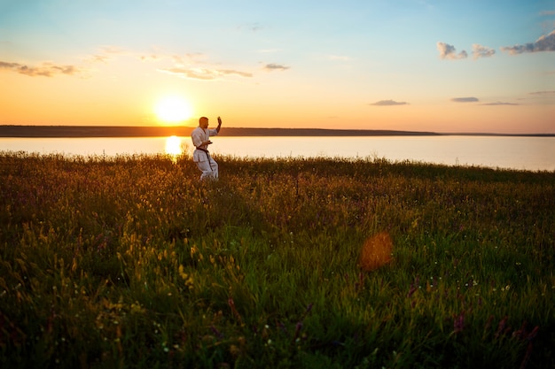 Photo gratuite silhouette d'homme sportif, formation de karaté dans le champ au lever du soleil.