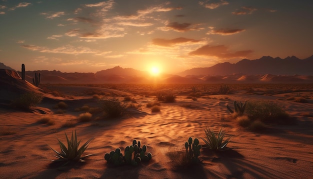 Silhouette de montagnes sur un coucher de soleil coloré dans le désert généré par l'intelligence artificielle