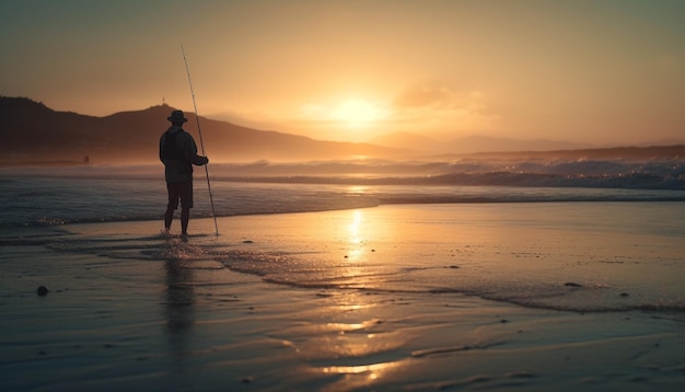 Photo gratuite silhouette de pêcheur debout sur la pêche côtière générée par l'ia