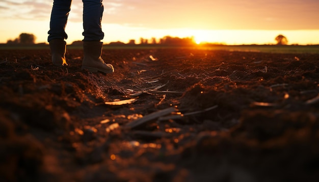 Photo gratuite silhouette d'une personne marchant au coucher du soleil générée par l'ia