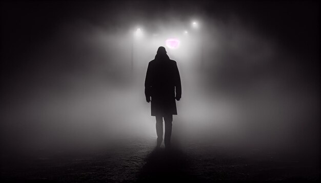 Silhouette sombre debout dans le brouillard marchant seul à l'extérieur généré par l'IA