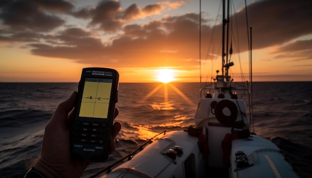 Photo gratuite la silhouette tient l'horizon du téléphone intelligent au-dessus de l'eau générée par l'ia