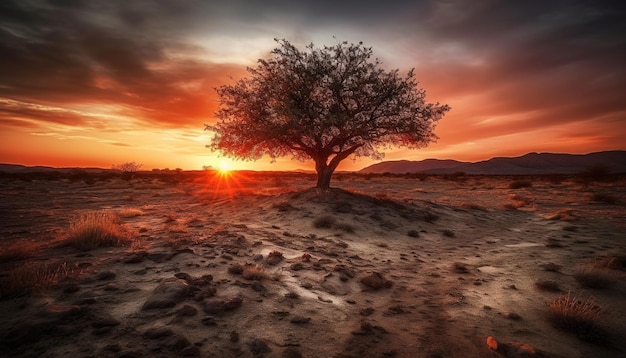 Photo gratuite la silhouette tranquille d'un arbre contre un coucher de soleil ardent généré par l'ia