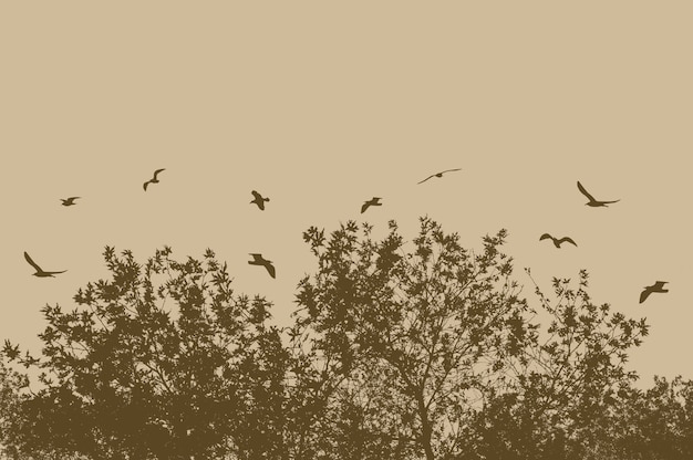 Photo gratuite silhouettes d'arbres et de branches avec des oiseaux en vol sur fond beige