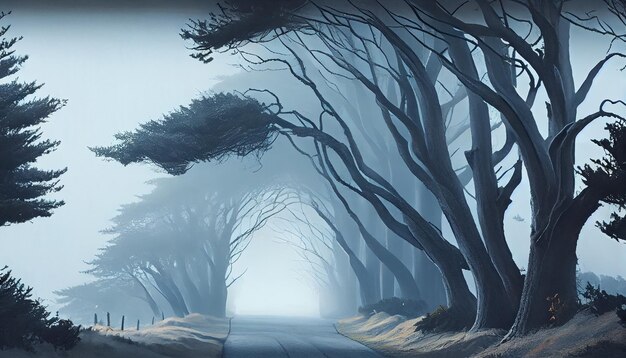 Silhouettes de forêt fantasmagoriques dans une IA générative mystérieuse aux teintes bleues