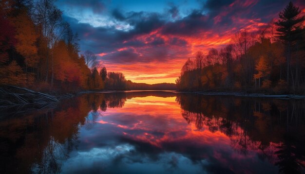 Silhouettes de forêt majestueuses contre un ciel de coucher de soleil vibrant généré par l'IA