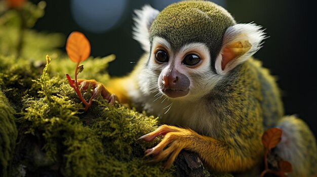 Singe écureuil sur l'arbre dans la forêt en gros plan