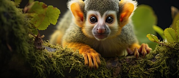 Singe écureuil assis sur une branche d'arbre portrait en gros plan