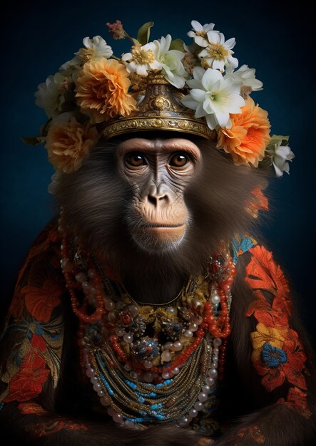 Singe posant avec une couronne de fleurs