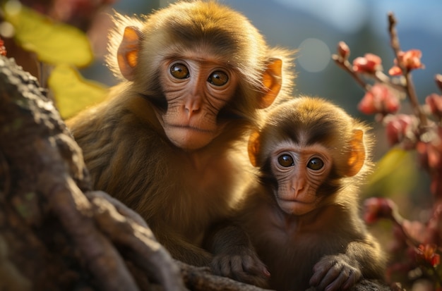 Des singes mignons dans la nature ensemble