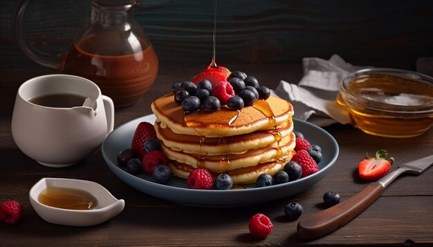 Sirop de myrtille et de framboise sur une crêpe maison générée par IA