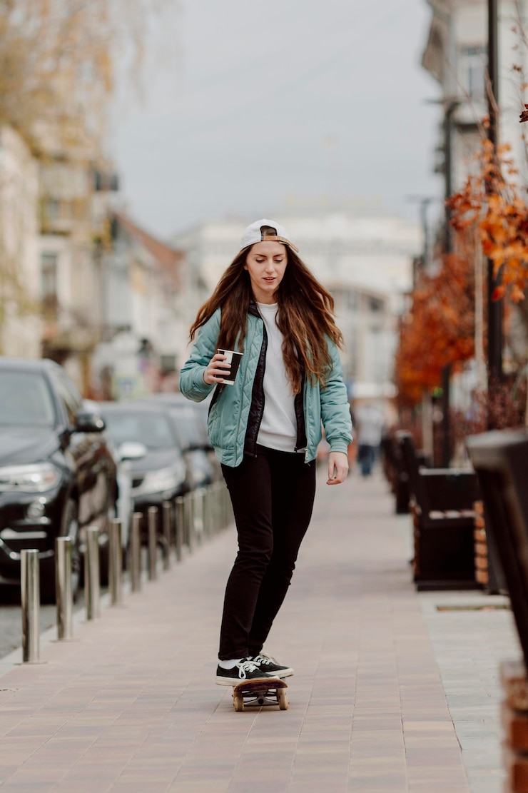 Photo gratuit skateboarder girl tenant une tasse de café tout en faisant du skate