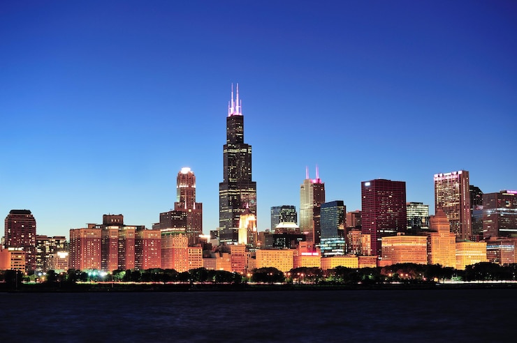 Photo gratuit skyline de chicago au crépuscule