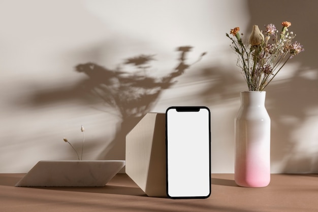 Photo gratuite smartphone avec des fleurs sur l'arrangement de table