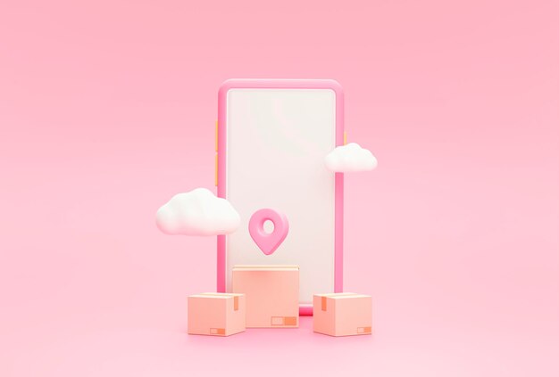 Smartphone et pointeur Pin marquent l'emplacement et la boîte de colis Concept de logistique de transport de livraison en ligne sur fond rose illustration de rendu 3d