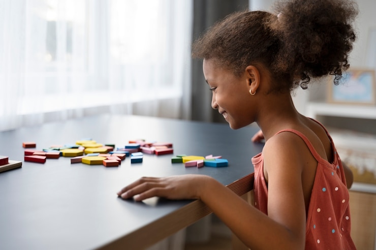 Photo gratuit smiley girl making puzzle vue de côté