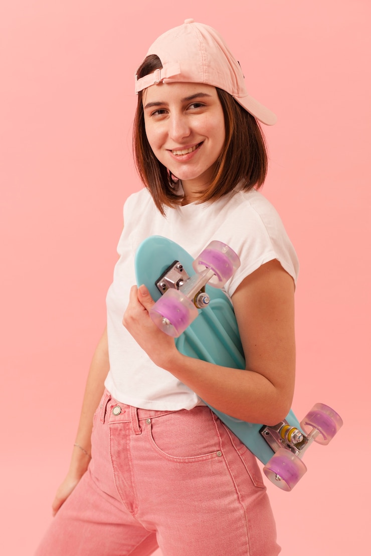 Photo gratuit smiley girl with cap holding skateboard