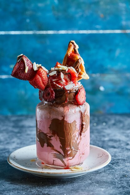 Smoothie aux fraises avec de minuscules gaufres, chocolat et tranches de fraises sur la plaque blanche dans la surface bleu foncé