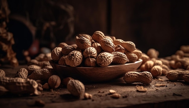 Snack bio aux noix dans un bol en bois rustique généré par l'IA