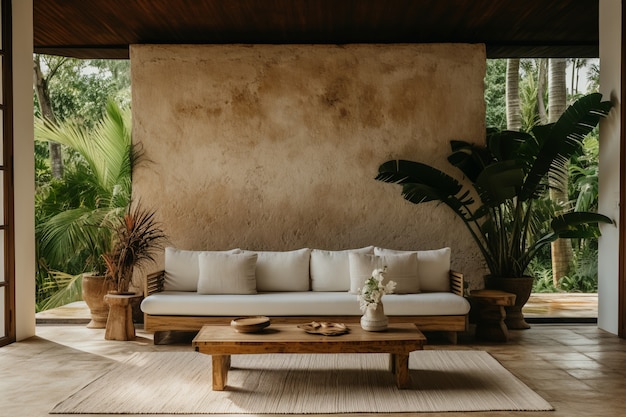 Sofa dans un salon décoré avec un design folklorique brésilien