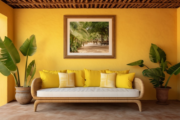 Photo gratuit sofa dans un salon décoré avec un design folklorique brésilien