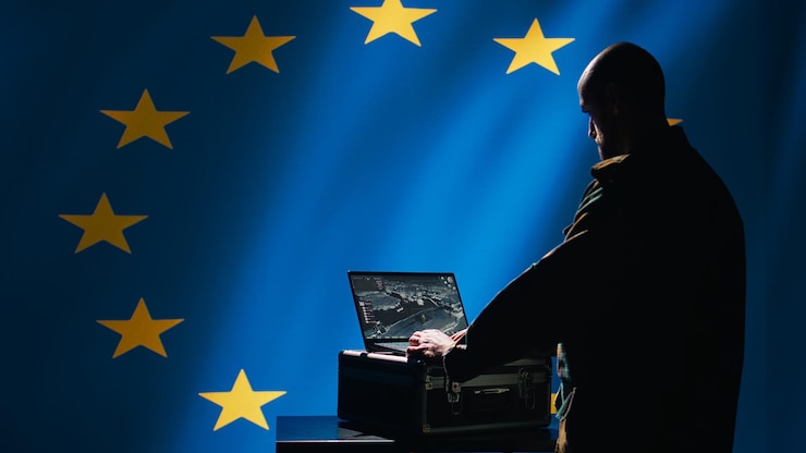 Photo gratuit un soldat de l'alliance de l'union européenne utilise la technologie militaire dans la salle de contrôle