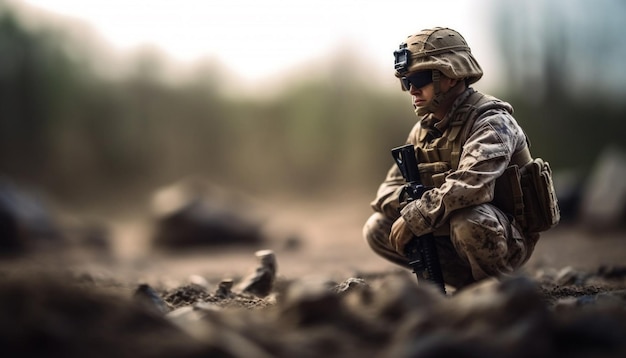 Un soldat de l'armée visant un fusil dans la forêt d'hiver généré par l'IA