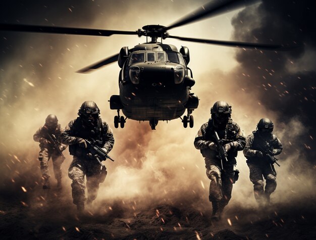 Soldats complets combattant avec un hélicoptère