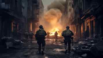 Photo gratuite des soldats de l'ia générative marchant dans la rue d'une ville en ruines