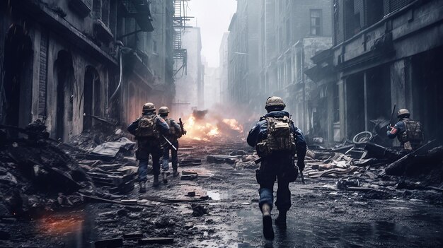 Des soldats de l'IA générative marchant dans la rue d'une ville en ruines