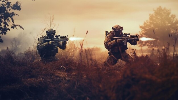 Soldats de l'IA générative tirant en arrière-plan d'un champ