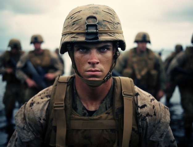 Soldats vue de face en zone de guerre