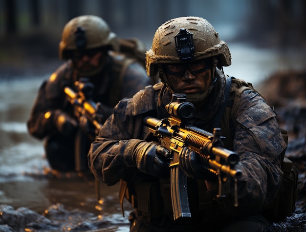 Soldats vue de face en zone de guerre